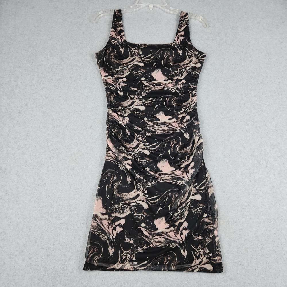 Lola Grace Dress Women S Black Pink Marble Swirl Mesh Ruched Stretch Square Neck - Picture 3 of 8
